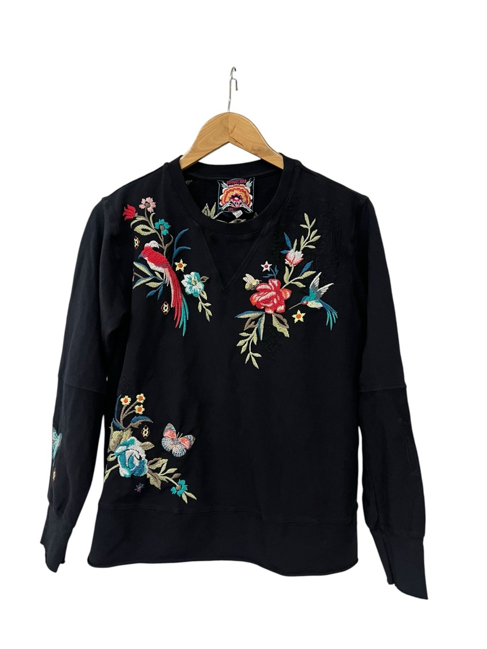Johnny Was Gen French Terry Pullover Floral Embroidery Top Sweatshirt Black S
